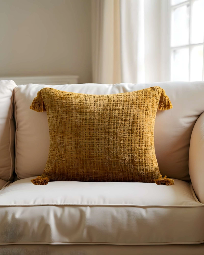 SET DE 2 FUNDAS DE COJIN CHENILLE CON BORLAS 45X45 AMARILLO - 4