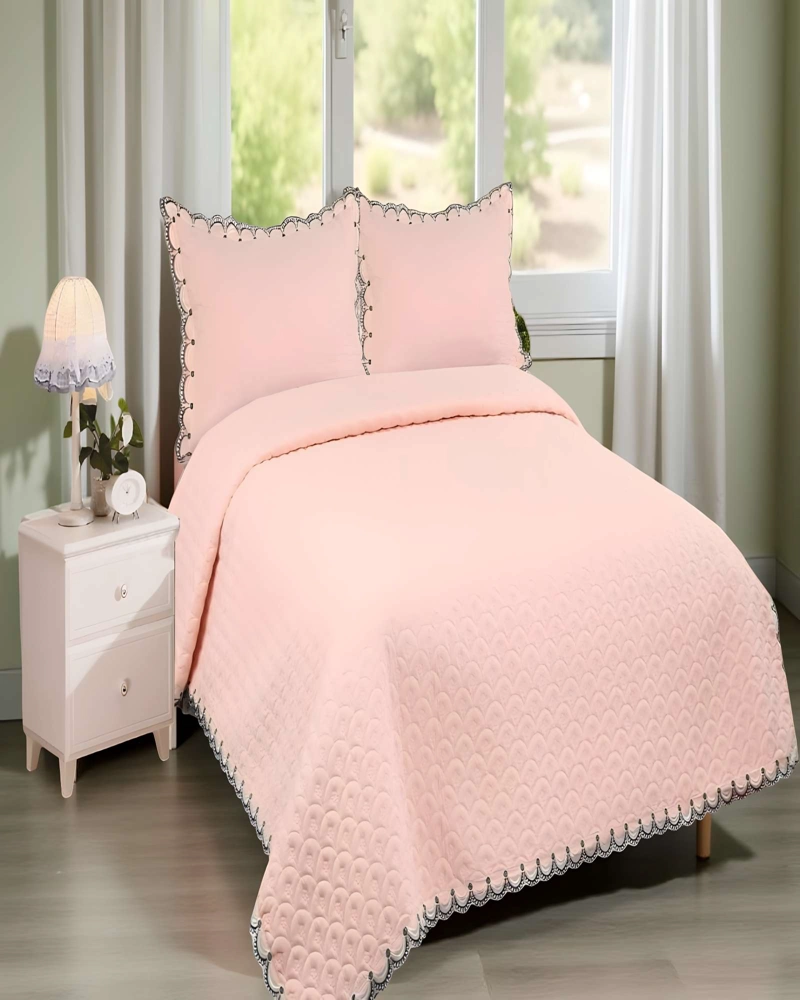 CUBRECAMA QUILT DE VERANO BORDADO 2 PLAZAS BEIGE - 4