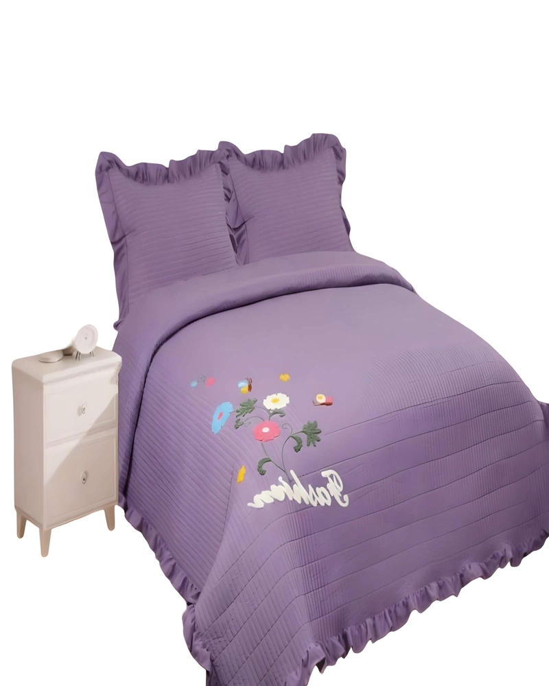 CUBRECAMA QUILT DE VERANO CON FLORES BORDADAS 2 PLAZAS MORADO - 2