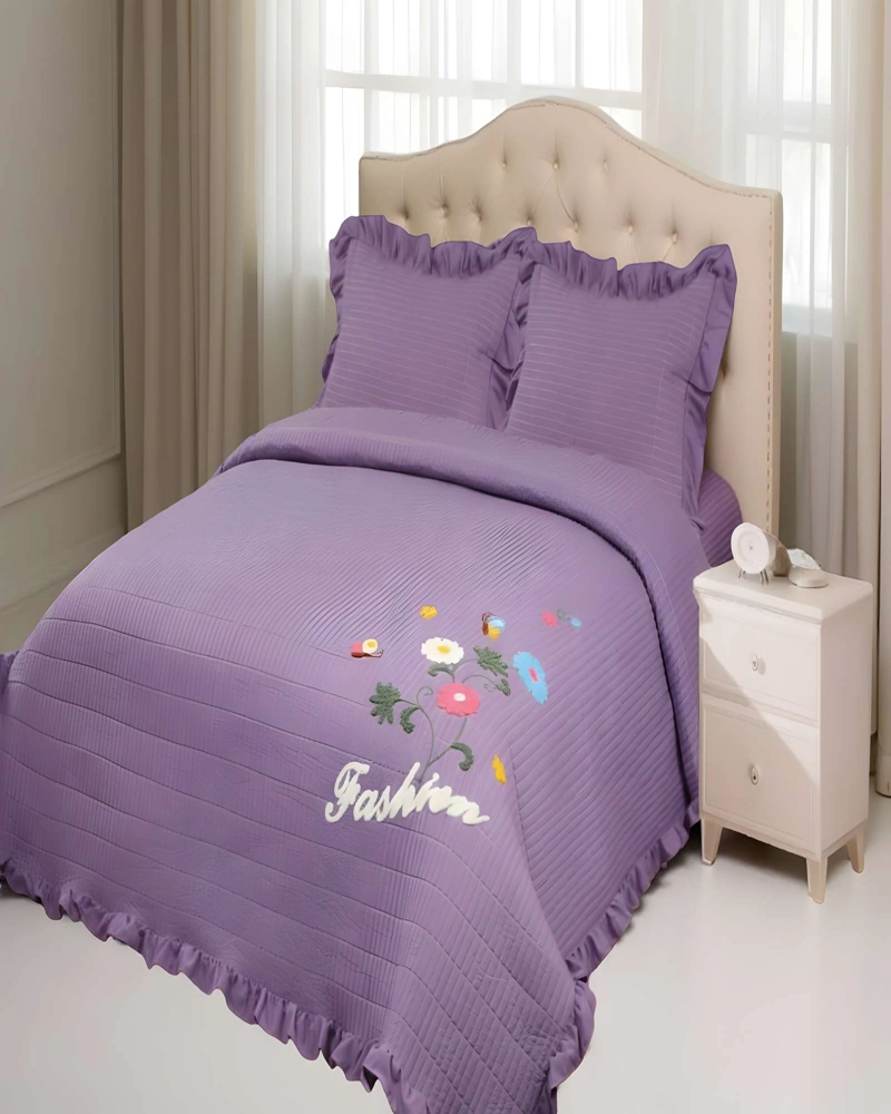 CUBRECAMA QUILT DE VERANO CON FLORES BORDADAS 2 PLAZAS MORADO - 3