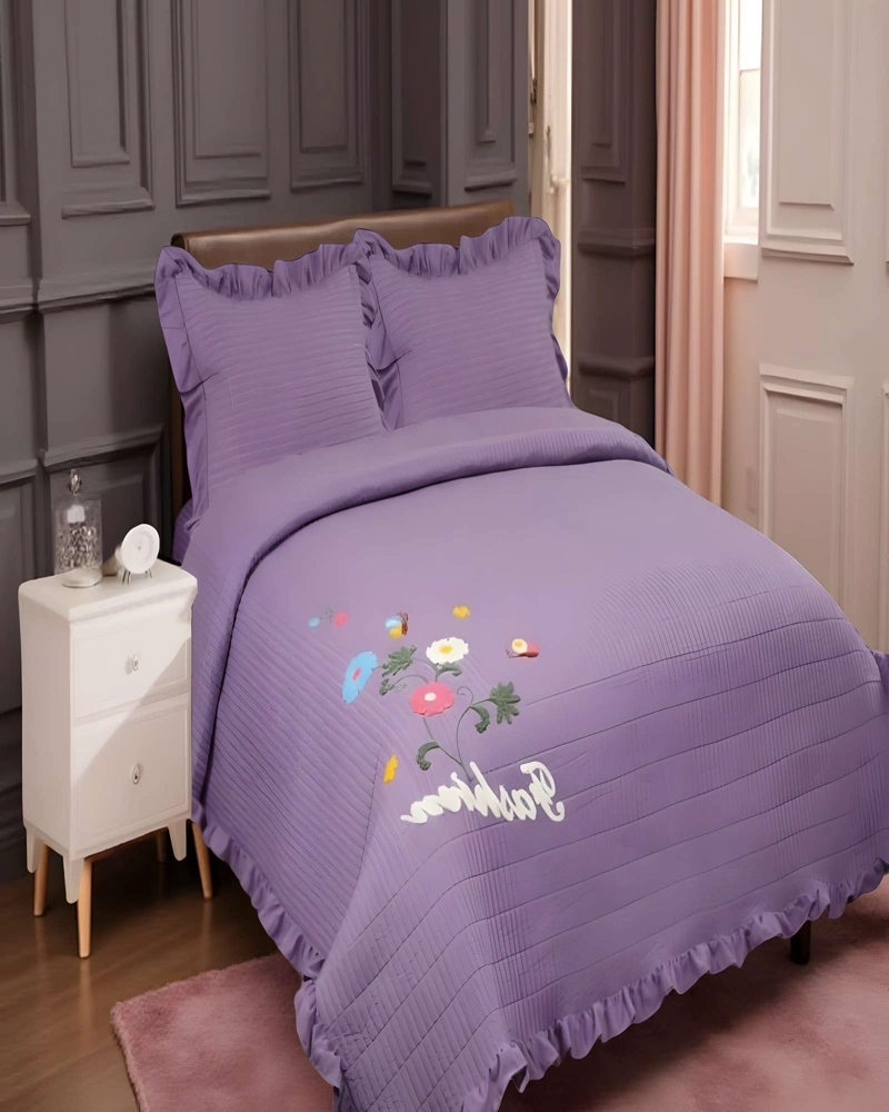 CUBRECAMA QUILT DE VERANO CON FLORES BORDADAS 2 PLAZAS MORADO - 4