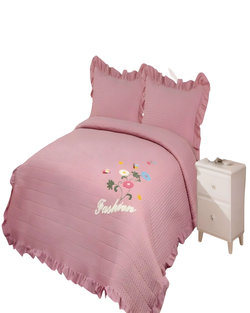 CUBRECAMA QUILT DE VERANO CON FLORES BORDADAS 2 PLAZAS ROSA O - 1
