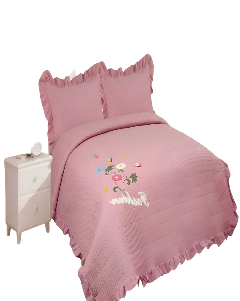 CUBRECAMA QUILT DE VERANO CON FLORES BORDADAS 2 PLAZAS ROSA O - 2