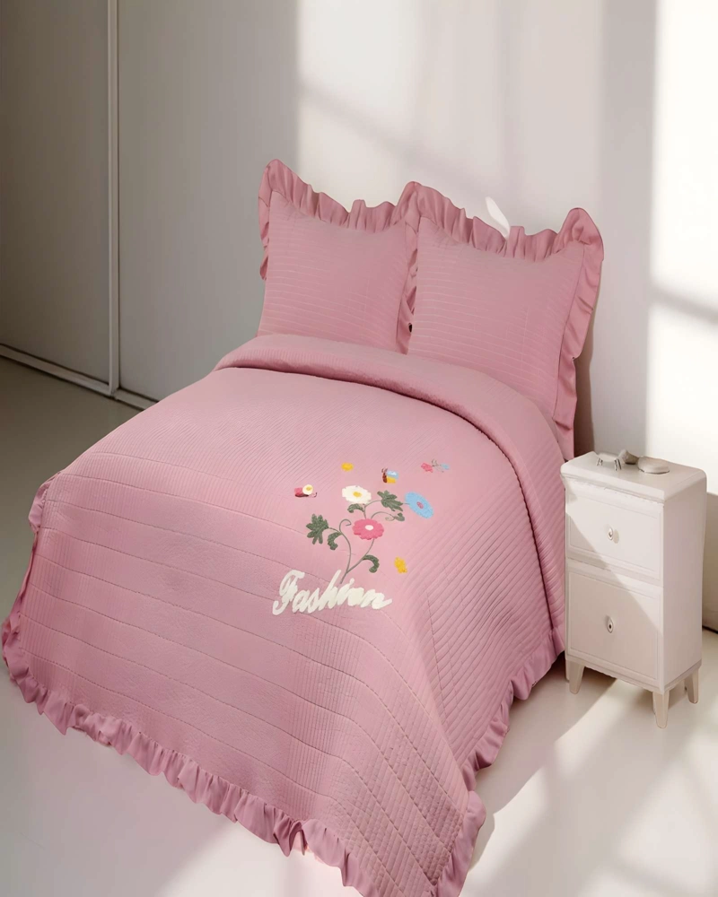 CUBRECAMA QUILT DE VERANO CON FLORES BORDADAS 2 PLAZAS ROSA O - 3