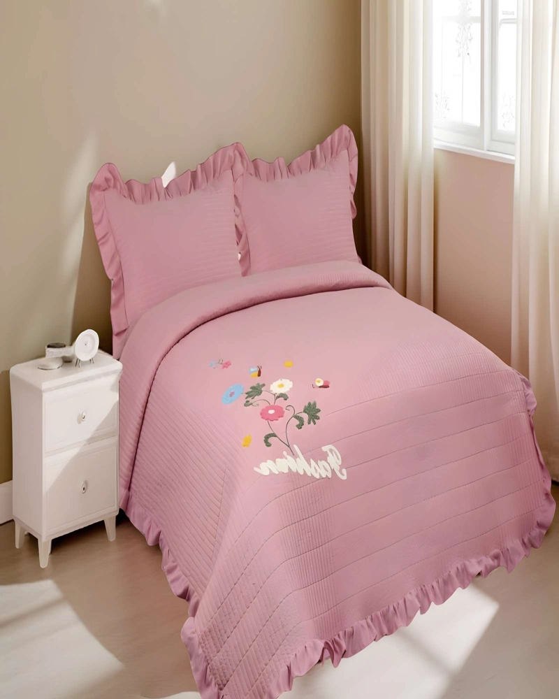 CUBRECAMA QUILT DE VERANO CON FLORES BORDADAS 2 PLAZAS ROSA O - 4