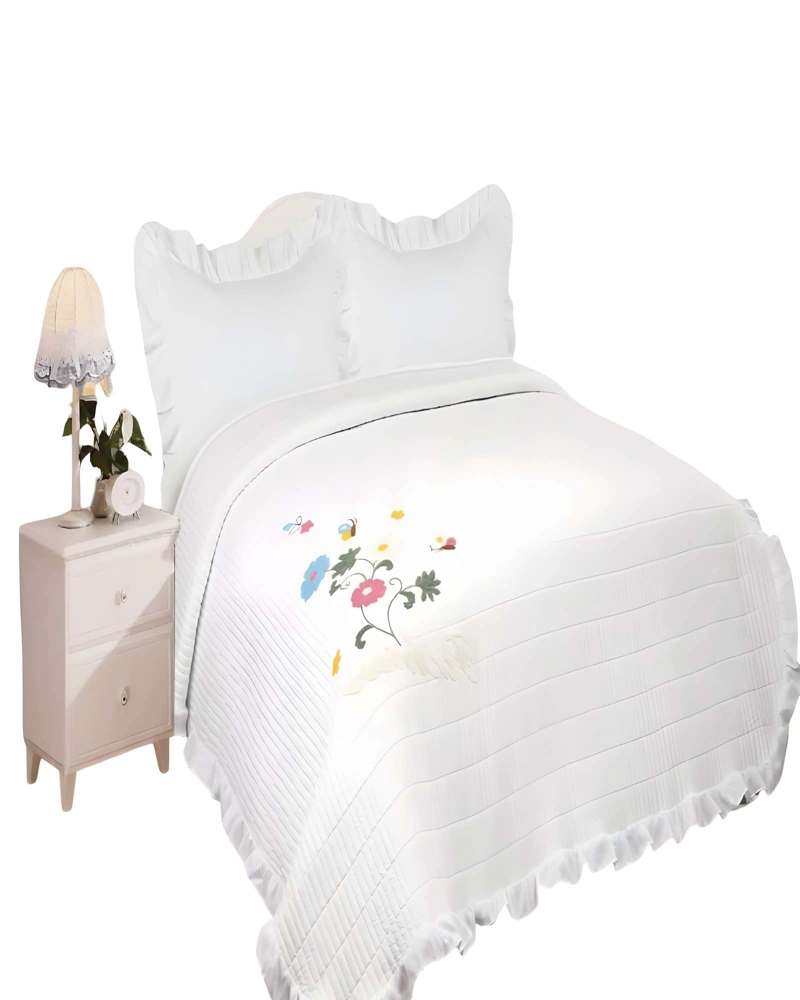 CUBRECAMA QUILT DE VERANO CON FLORES BORDADAS 2 PLAZAS BLANCO - 2