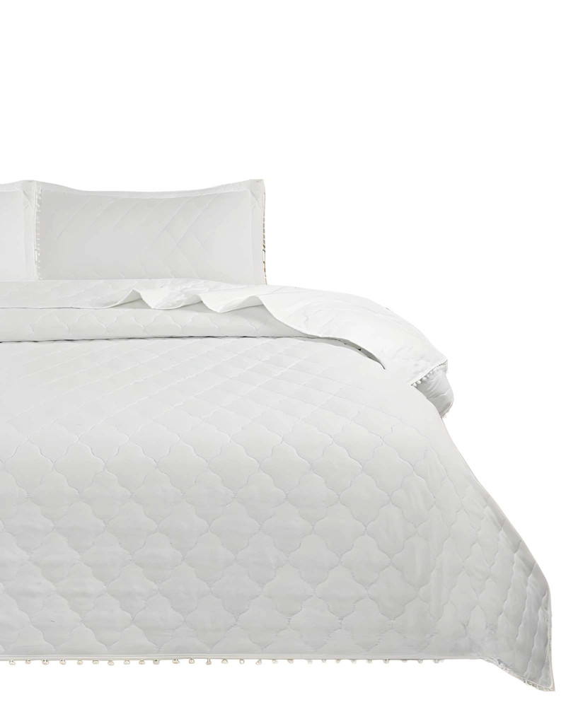 CUBRECAMA QUILT DE VERANO CON POMPONES PLAZA Y MEDIA BLANCO - 2