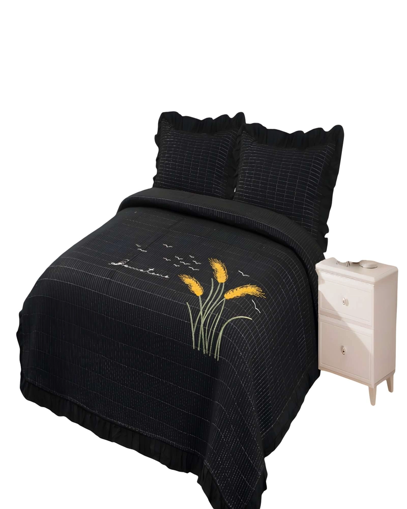 CUBRECAMA QUILT DE VERANO CON FLORES BORDADAS 2 PLAZAS NEGRO 2 - 1