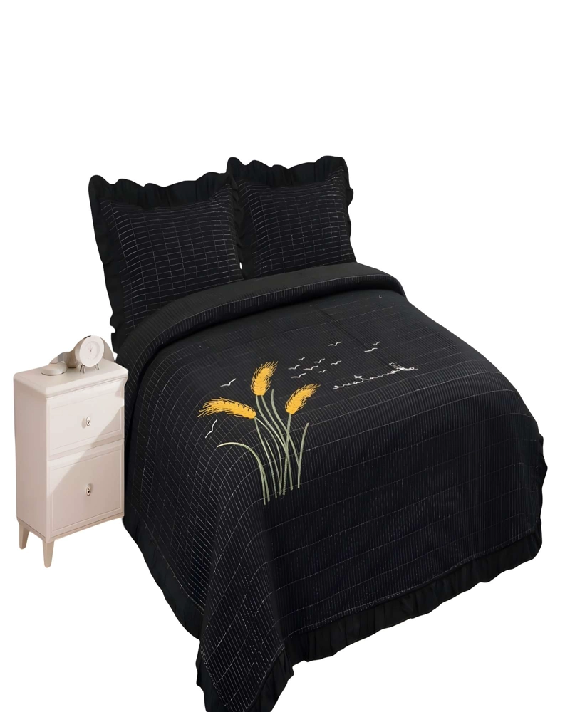 CUBRECAMA QUILT DE VERANO CON FLORES BORDADAS 2 PLAZAS NEGRO 2 - 2