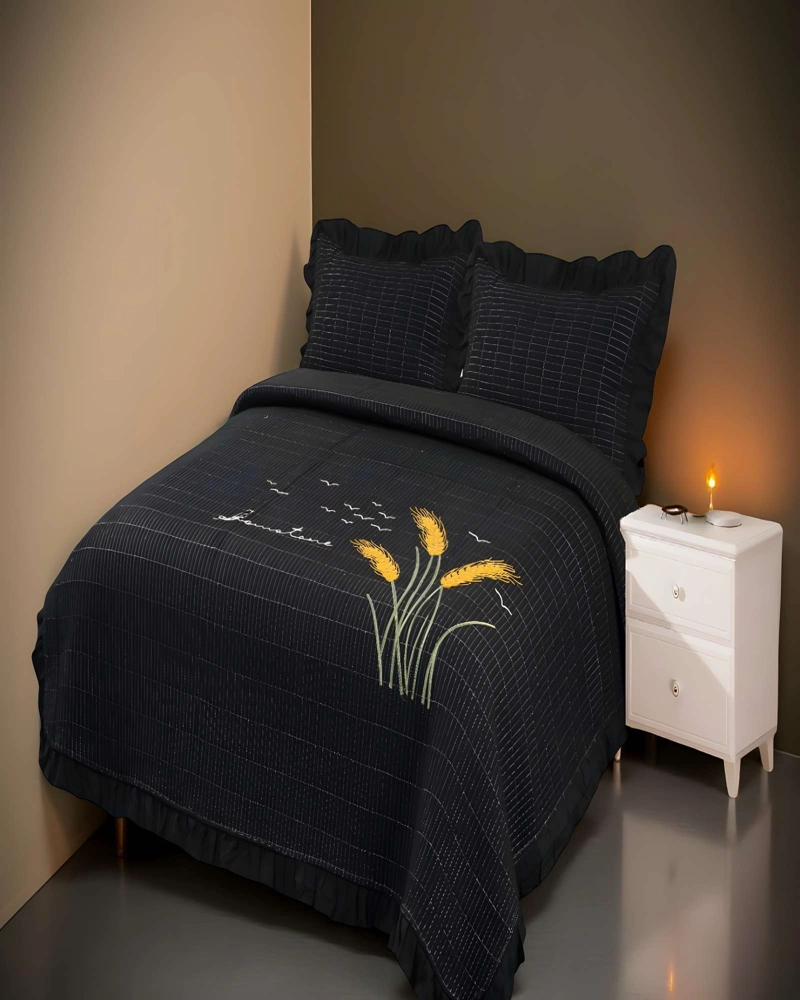 CUBRECAMA QUILT DE VERANO CON FLORES BORDADAS 2 PLAZAS NEGRO 2 - 3