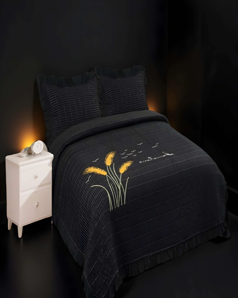 CUBRECAMA QUILT DE VERANO CON FLORES BORDADAS 2 PLAZAS NEGRO 2 - 4