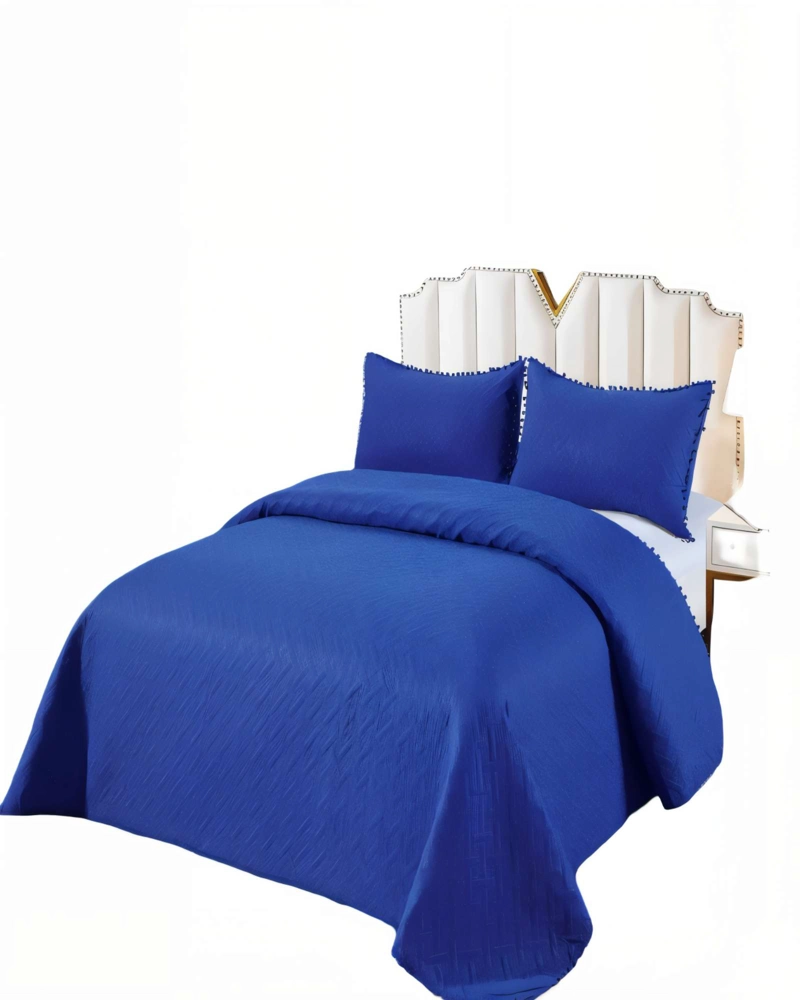 CUBRECAMA DE VERANO UNICOLOR CON POMPON 2P COLOR AZUL OSCURO - 1