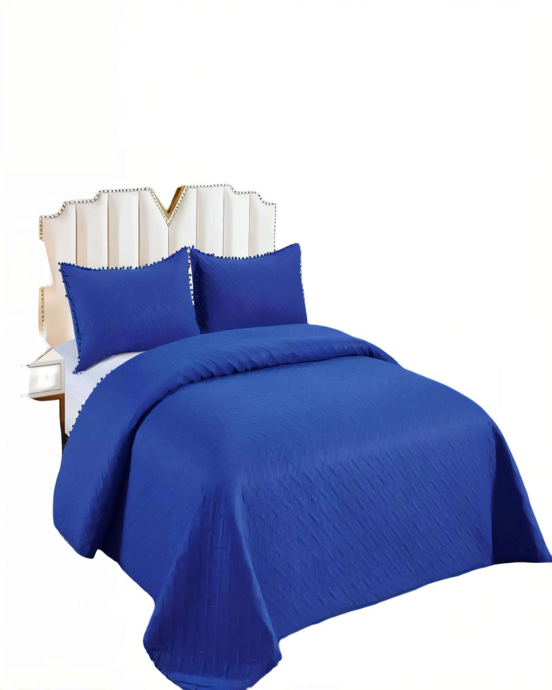 CUBRECAMA DE VERANO UNICOLOR CON POMPON 2P COLOR AZUL OSCURO - 2