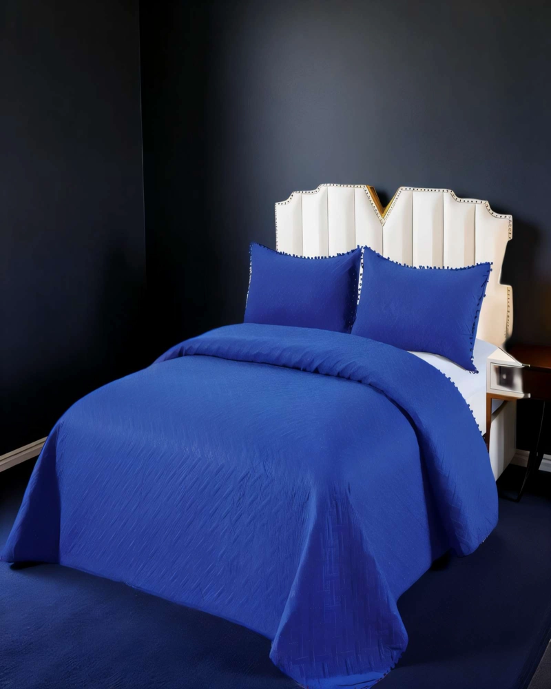 CUBRECAMA DE VERANO UNICOLOR CON POMPON 2P COLOR AZUL OSCURO - 3