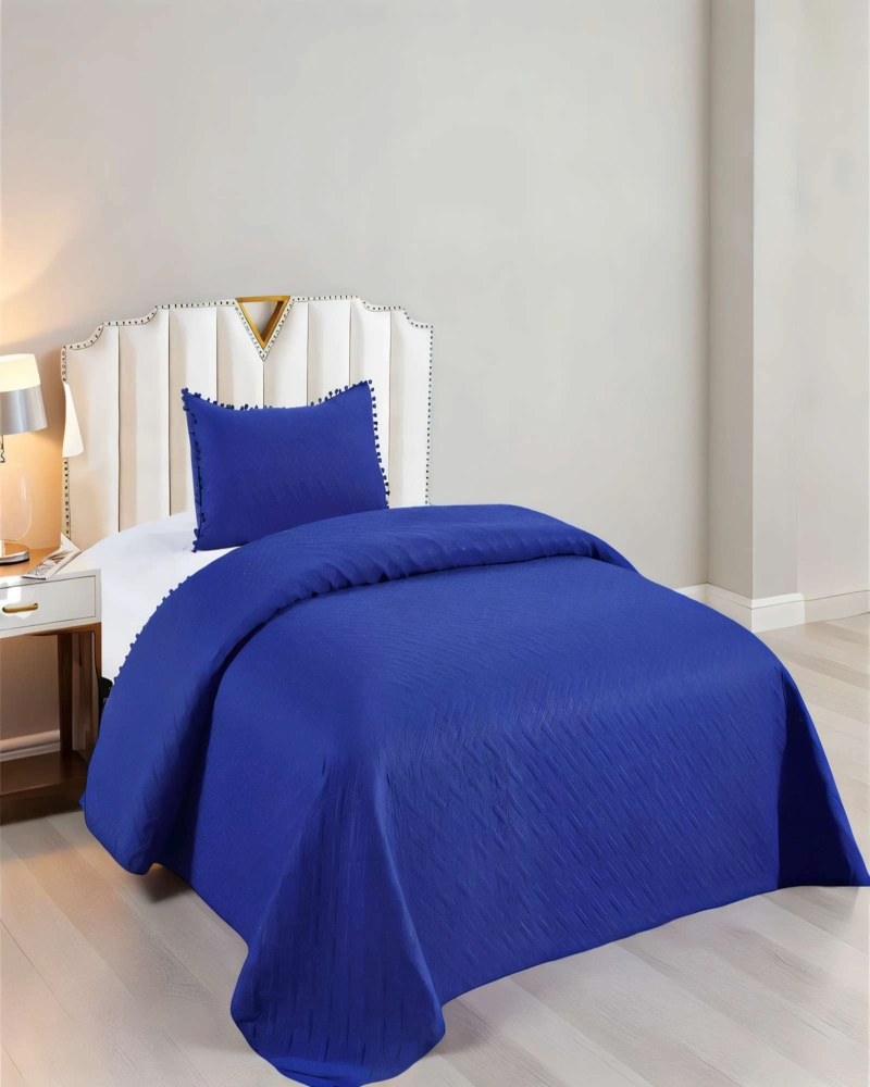 CUBRECAMA DE VERANO UNICOLOR CON POMPON KING COLOR AZUL - 4