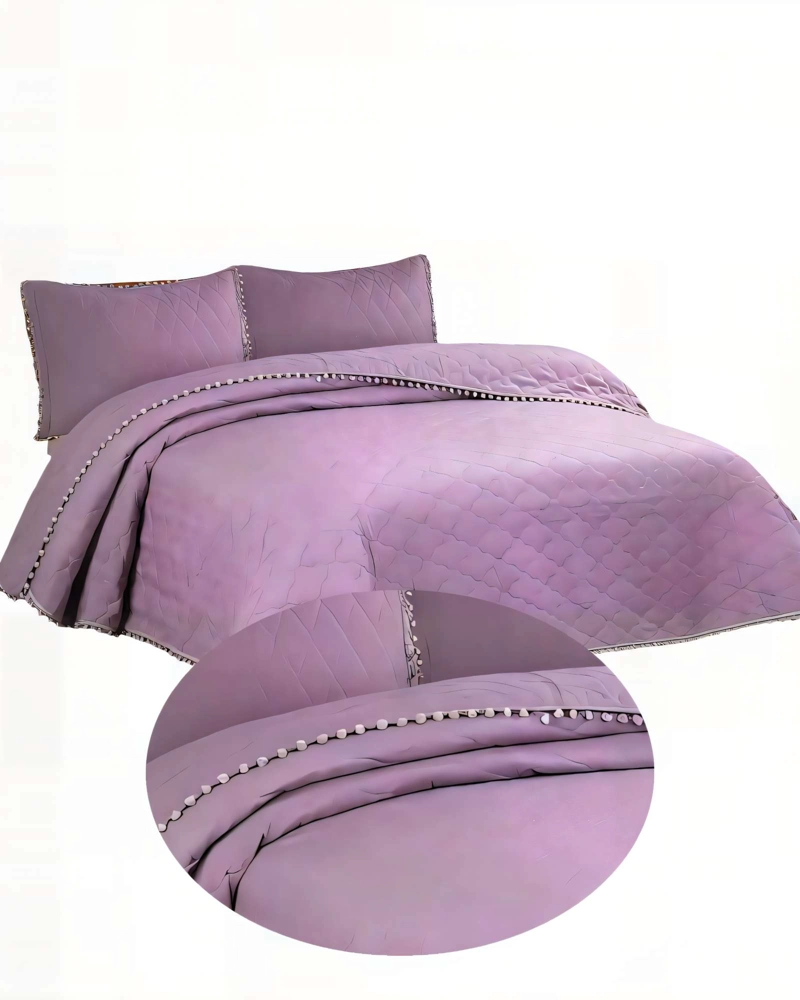 CUBRECAMA CON DETALLES DE POMPONES 2 PLAZAS COLOR MORADO - 2
