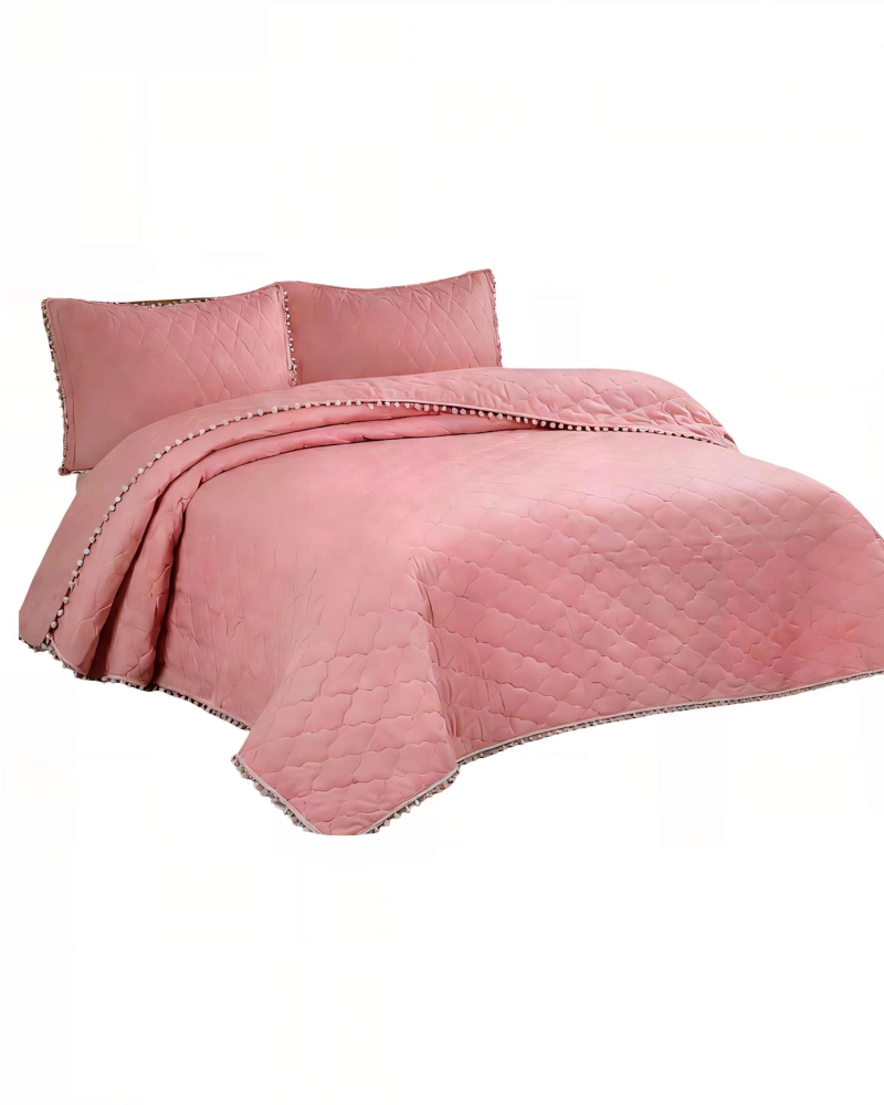 CUBRECAMA CON DETALLES DE POMPONES KING COLOR ROSADO OSCURO - 1
