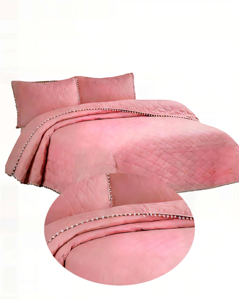 CUBRECAMA CON DETALLES DE POMPONES KING COLOR ROSADO OSCURO - 2