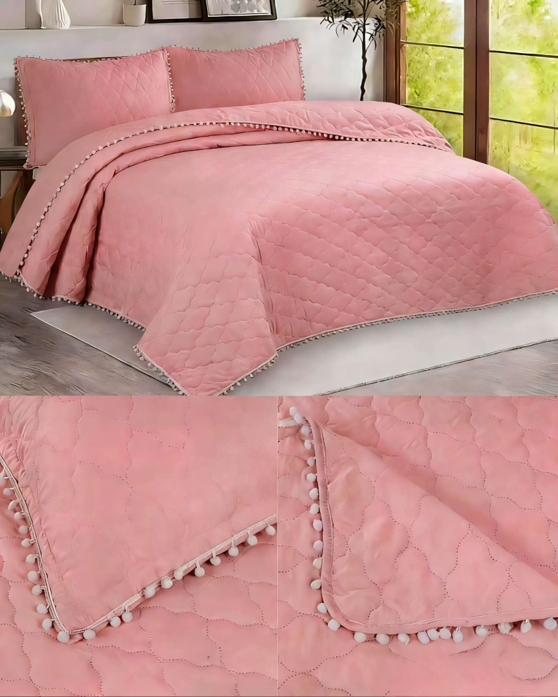 CUBRECAMA CON DETALLES DE POMPONES KING COLOR ROSADO OSCURO - 4