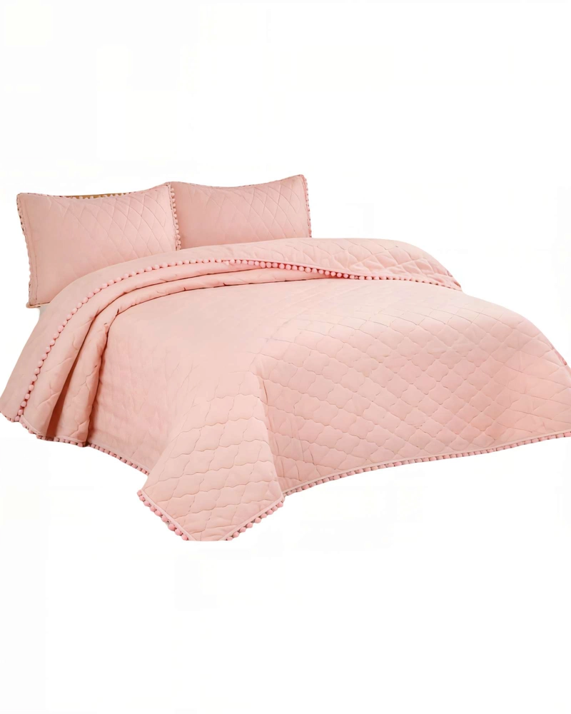 CUBRECAMA CON DETALLES DE POMPONES KING COLOR ROSADO - 1