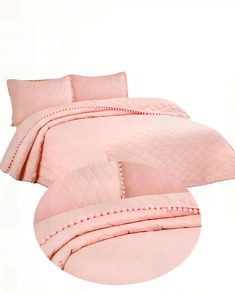 CUBRECAMA CON DETALLES DE POMPONES KING COLOR ROSADO - 2