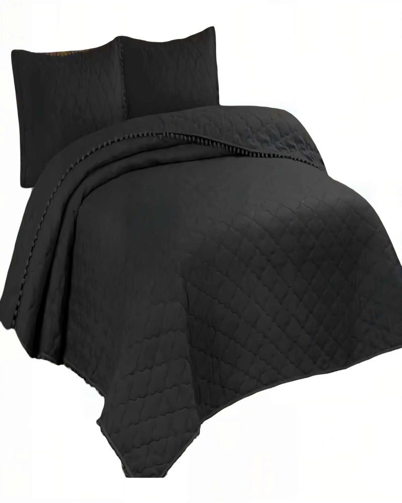 CUBRECAMA CON DETALLES DE POMPONES 1,5 PLAZA COLOR NEGRO - 1