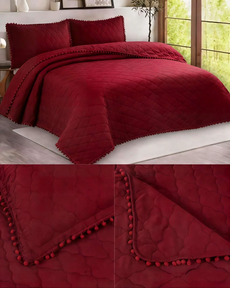 CUBRECAMA CON DETALLES DE POMPONES 1,5 PLAZA COLOR ROJO - 4