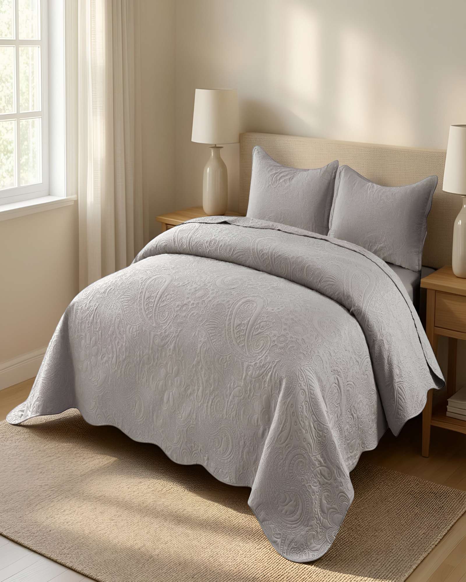 CUBRECAMA QUILT DE VERANO KING CON RELIEVE COLOR GRIS - 3