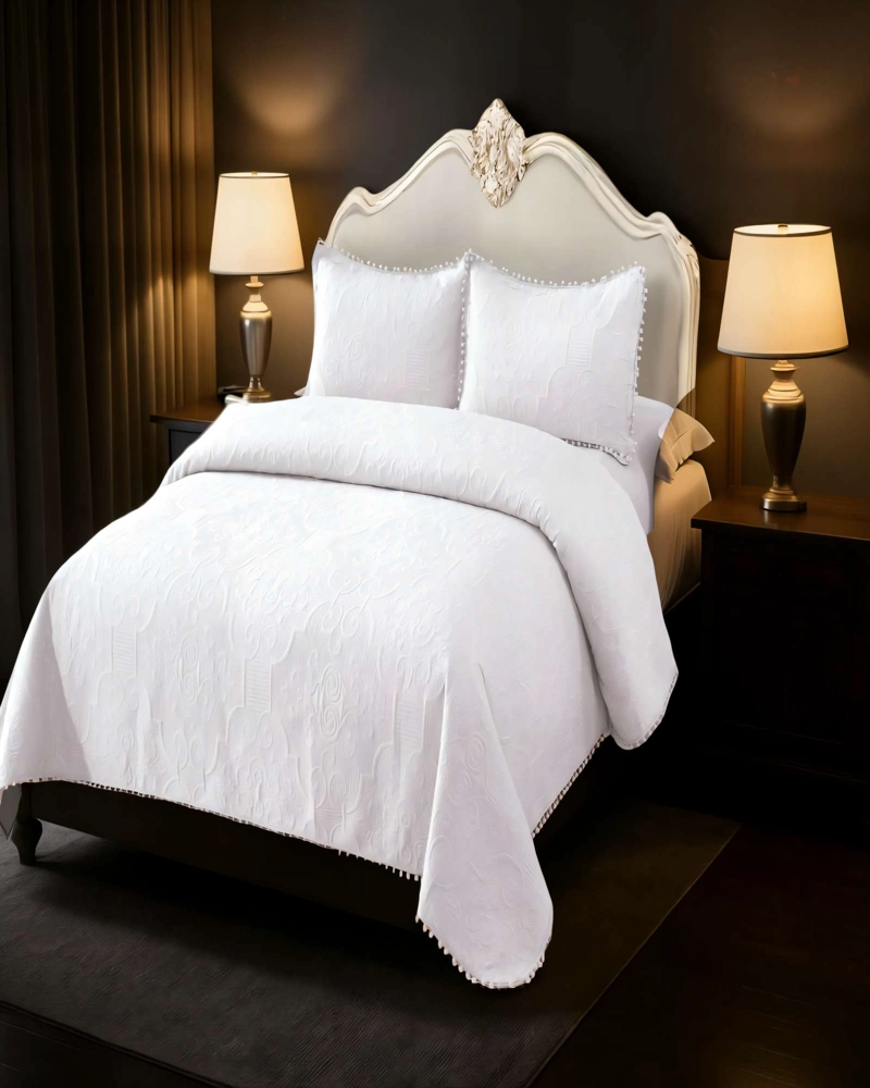 CUBRECAMA QUILT DE VERANO 2 PLAZAS CON POMPON COLOR BLANCO - 3