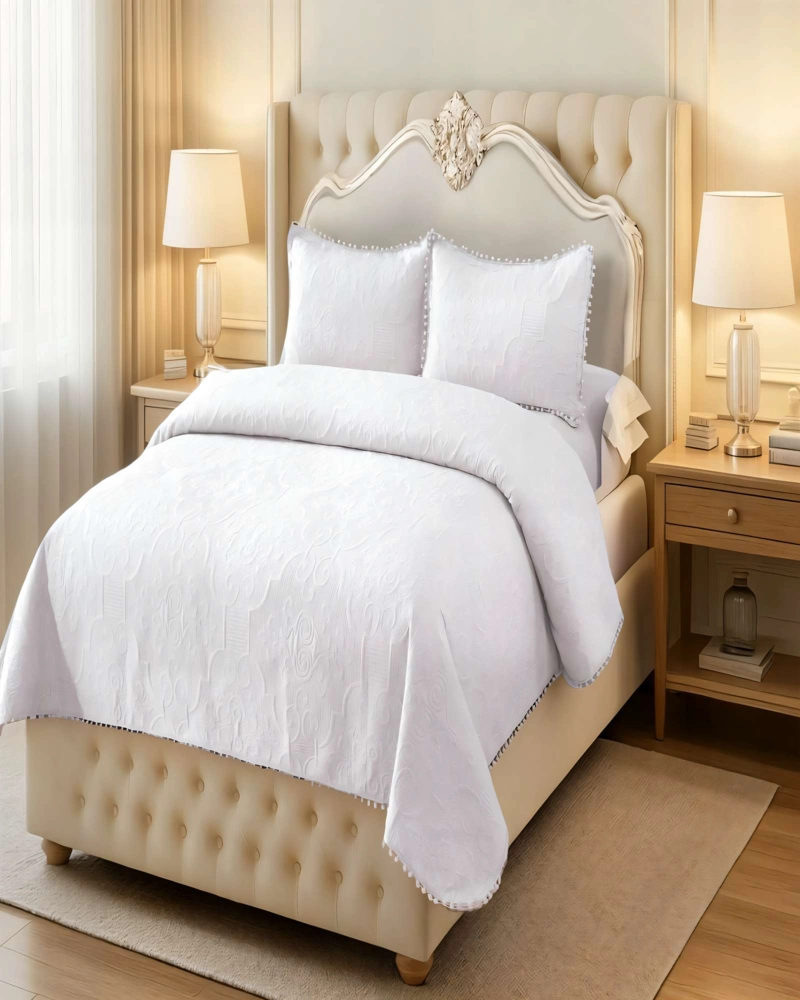 CUBRECAMA QUILT DE VERANO 2 PLAZAS CON POMPON COLOR BLANCO - 4