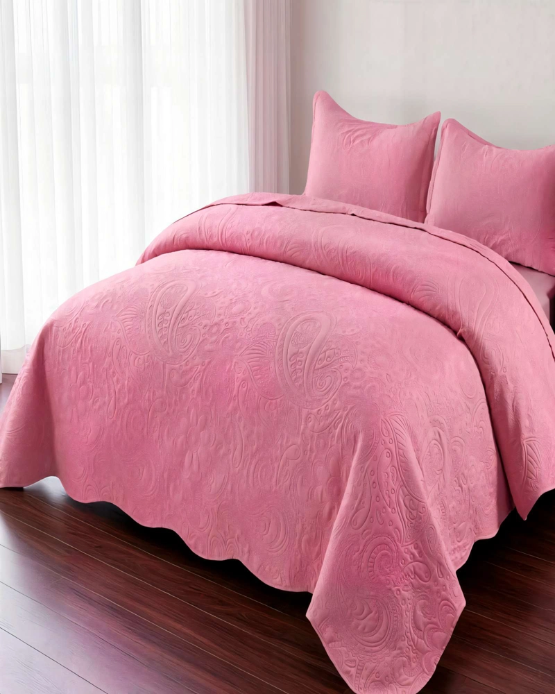 CUBRECAMA QUILT DE VERANO 1,5 PLAZAS CON RELIEVE COLOR ROSADO - 4