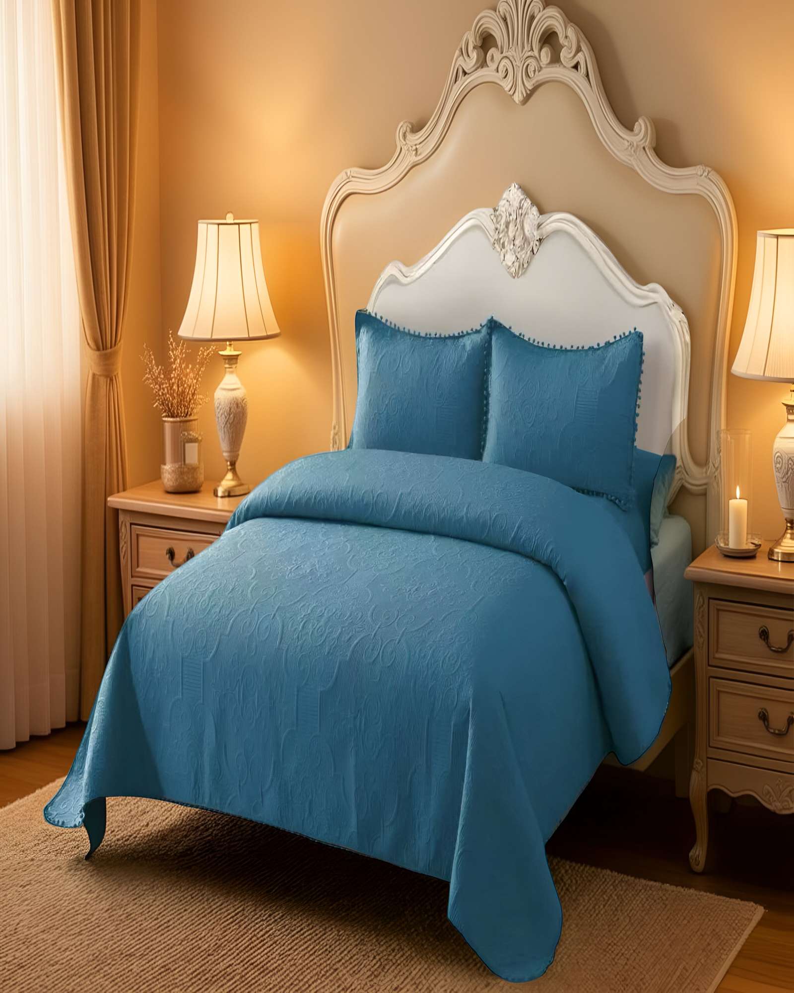CUBRECAMA QUILT DE VERANO KING CON POMPON COLOR AZUL - 3