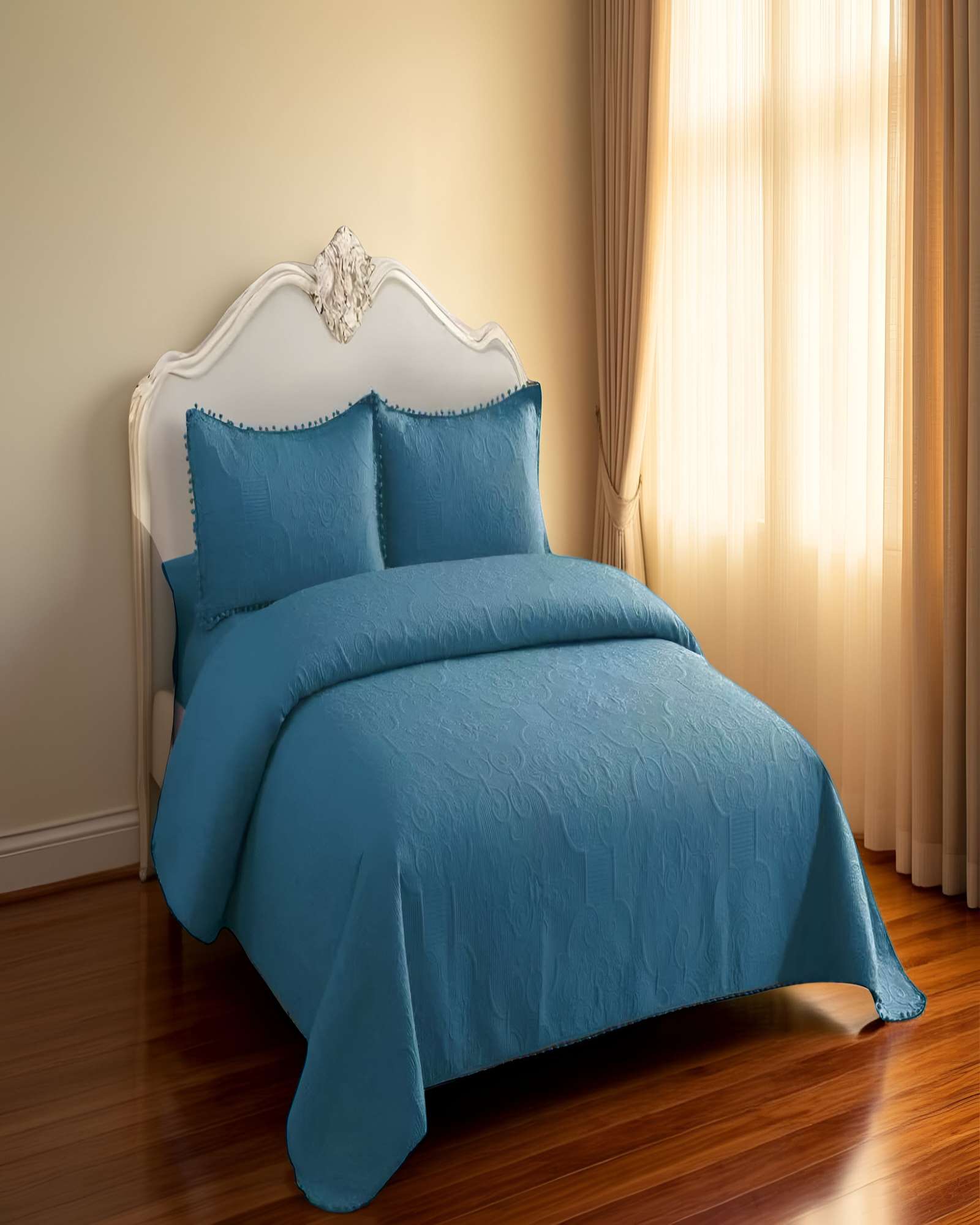 CUBRECAMA QUILT DE VERANO KING CON POMPON COLOR AZUL - 4