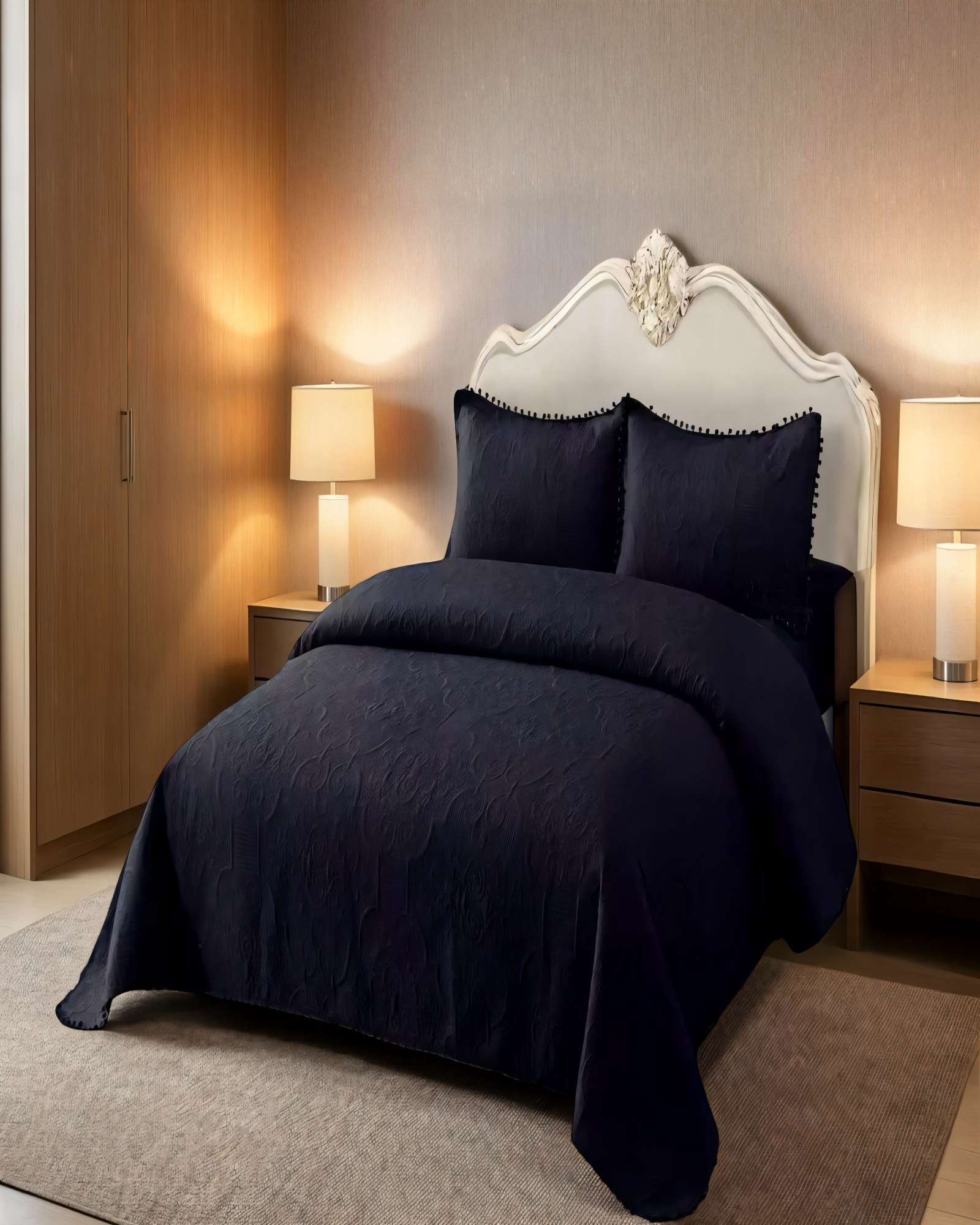 CUBRECAMA QUILT DE VERANO 2 PLAZAS CON POMPON COLOR NEGRO - 4