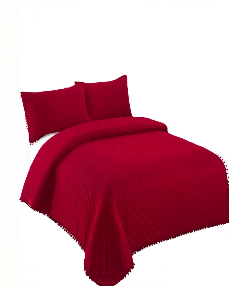 CUBRECAMA QUILT DE VERANO 1,5 PLAZAS CON POMPON COLOR BURDEO - 1
