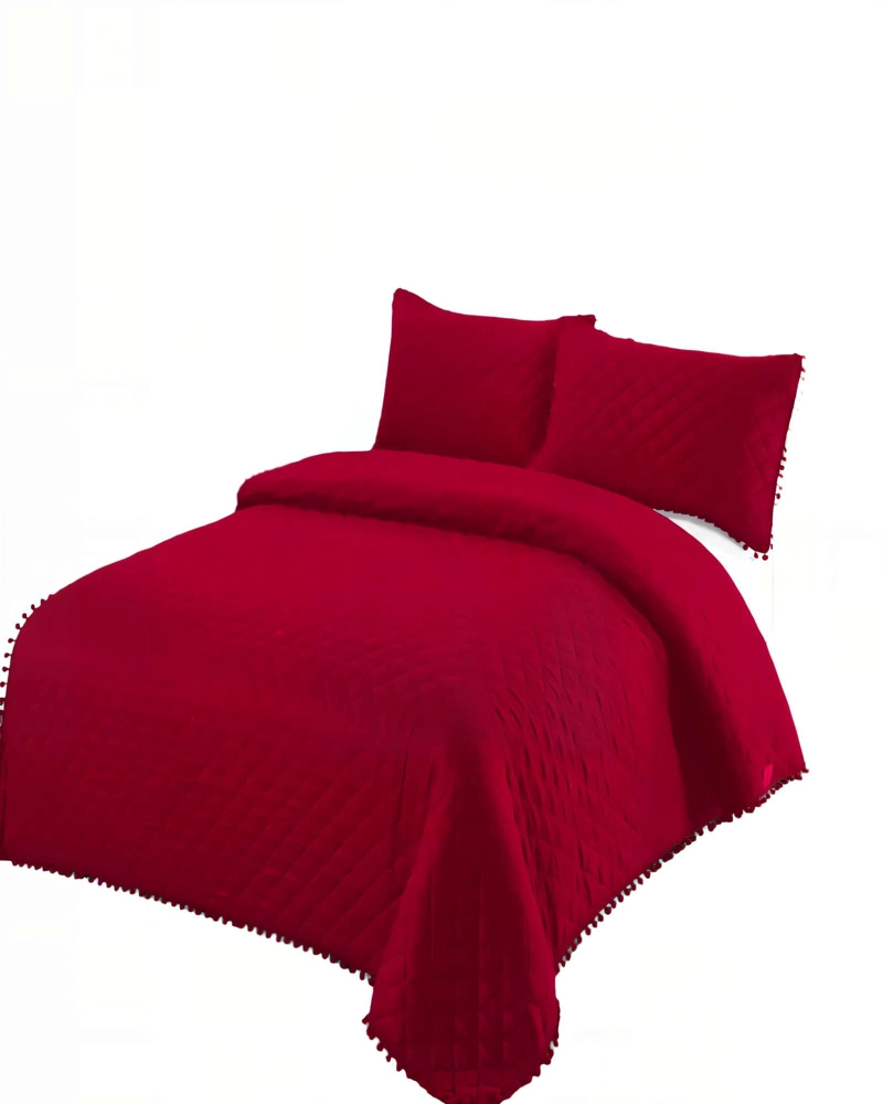 CUBRECAMA QUILT DE VERANO 1,5 PLAZAS CON POMPON COLOR BURDEO - 2