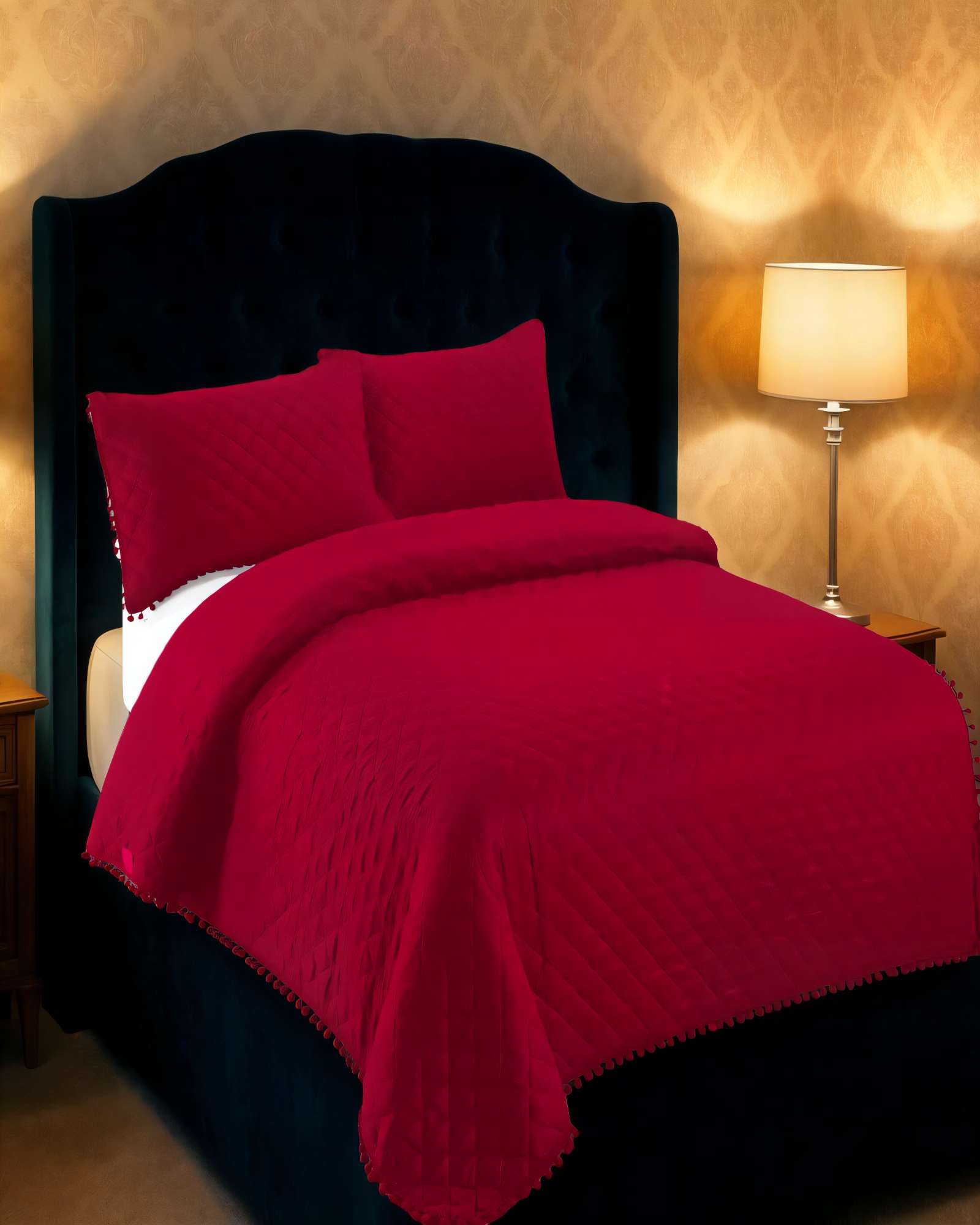 CUBRECAMA QUILT DE VERANO 1,5 PLAZAS CON POMPON COLOR BURDEO - 4
