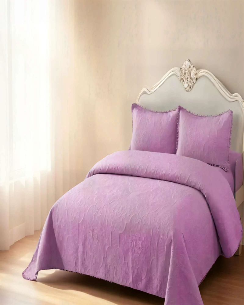 CUBRECAMA QUILT DE VERANO 1,5 PLAZAS CON POMPON COLOR MORADO - 3