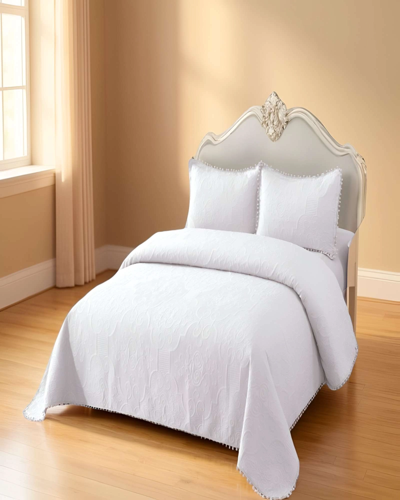 CUBRECAMA QUILT DE VERANO KING CON POMPON COLOR BLANCO - 3