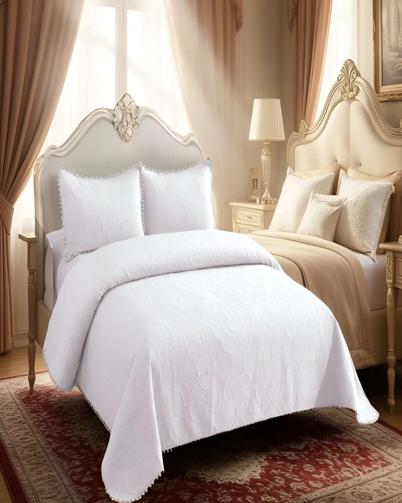 CUBRECAMA QUILT DE VERANO KING CON POMPON COLOR BLANCO - 4