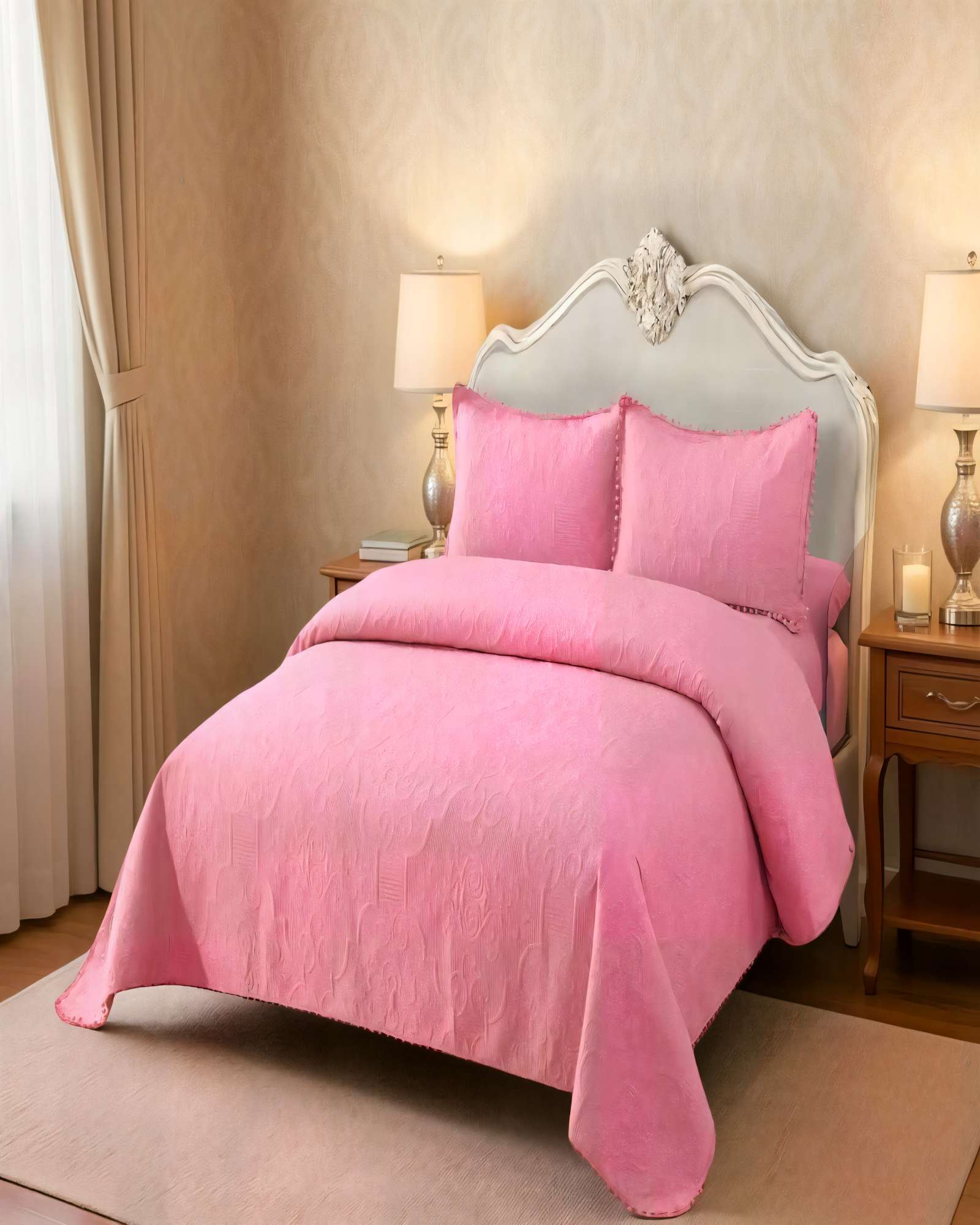 CUBRECAMA QUILT DE VERANO 2 PLAZAS CON POMPON COLOR ROSADO - 3