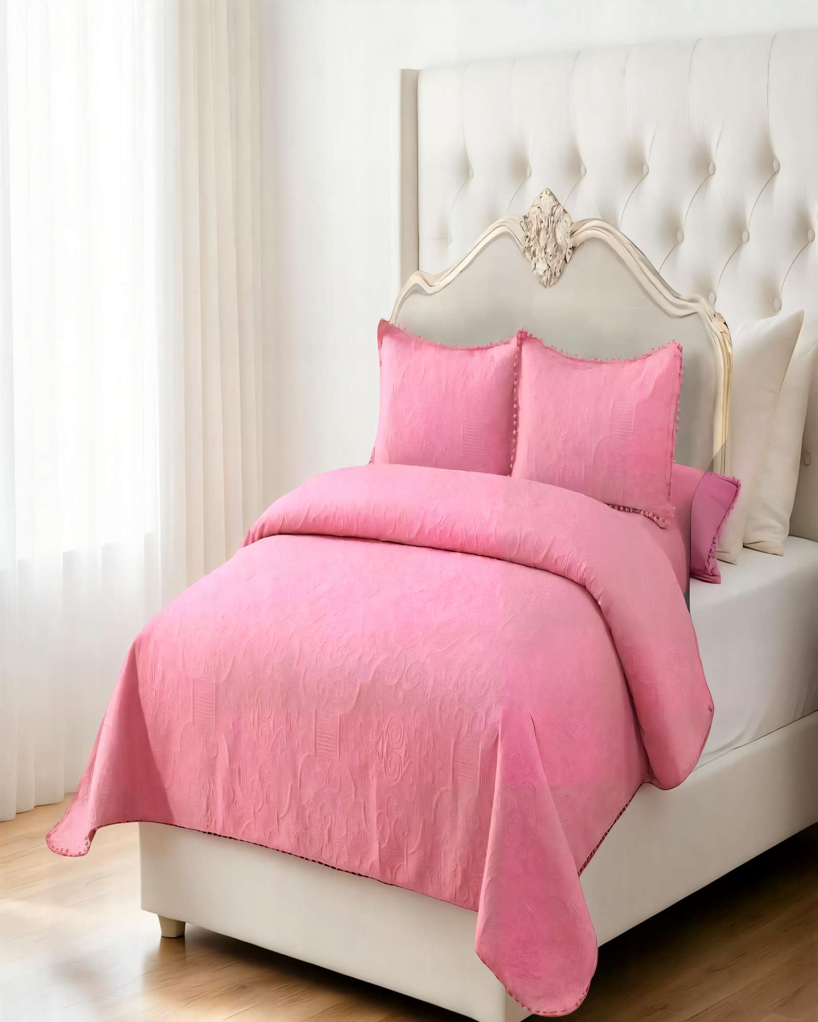 CUBRECAMA QUILT DE VERANO 2 PLAZAS CON POMPON COLOR ROSADO - 4