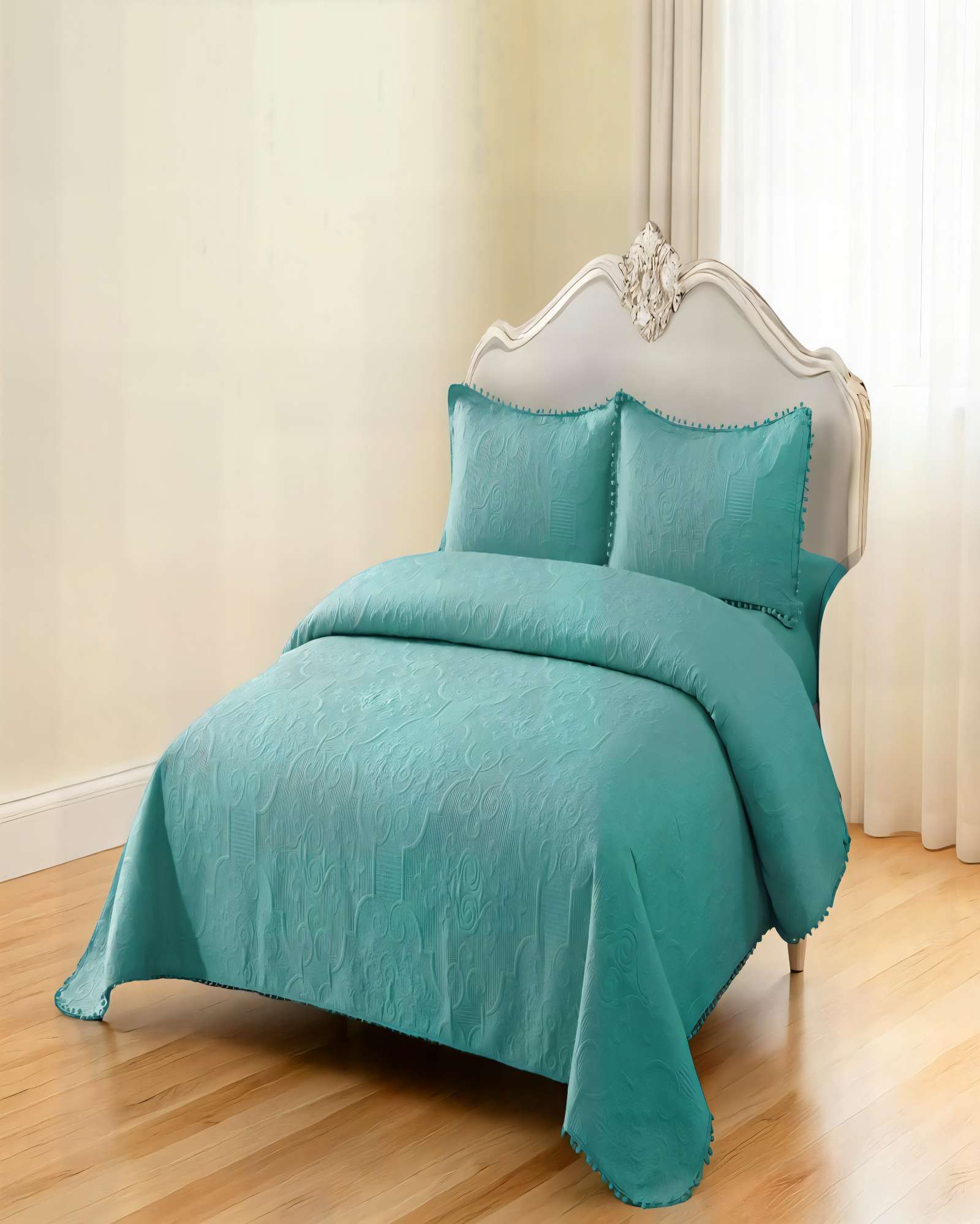 CUBRECAMA QUILT DE VERANO 2 PLAZAS CON POMPON COLOR TURQUESA - 3