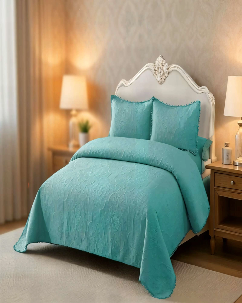 CUBRECAMA QUILT DE VERANO 2 PLAZAS CON POMPON COLOR TURQUESA - 4