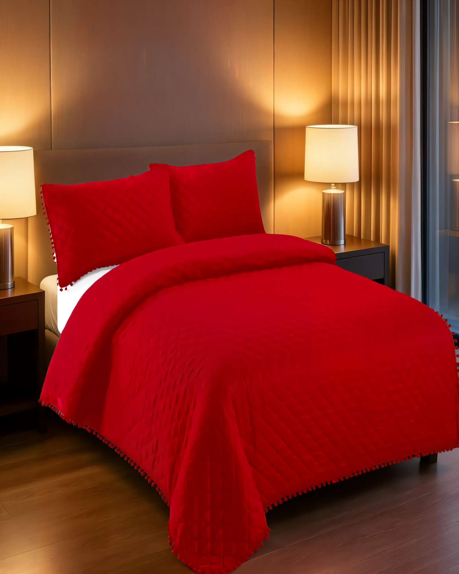 CUBRECAMA QUILT DE VERANO 1,5 PLAZAS CON POMPON COLOR ROJO - 3