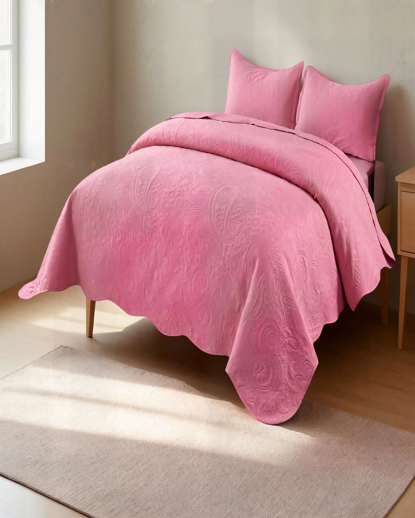 CUBRECAMA QUILT DE VERANO 2 PLAZAS CON RELIEVE COLOR ROSADO - 4