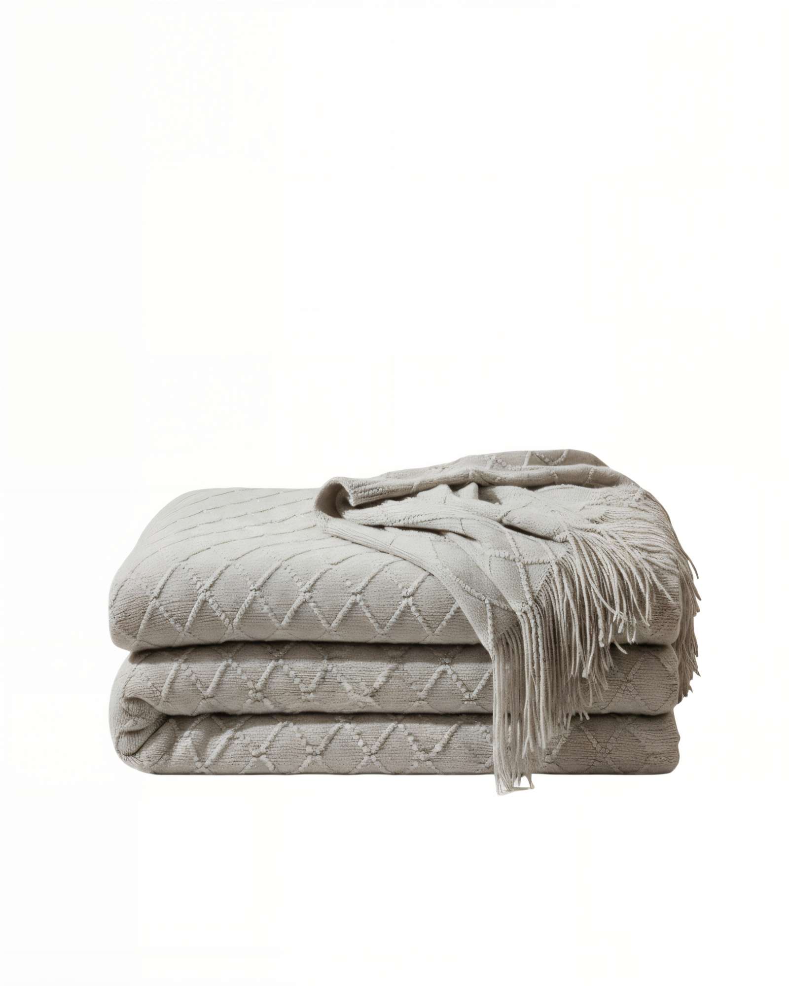 MANTA DECORATIVA CON FLECOS Y TEJIDO DE ROMBOS EN RELIEVE COLOR GRIS - 2