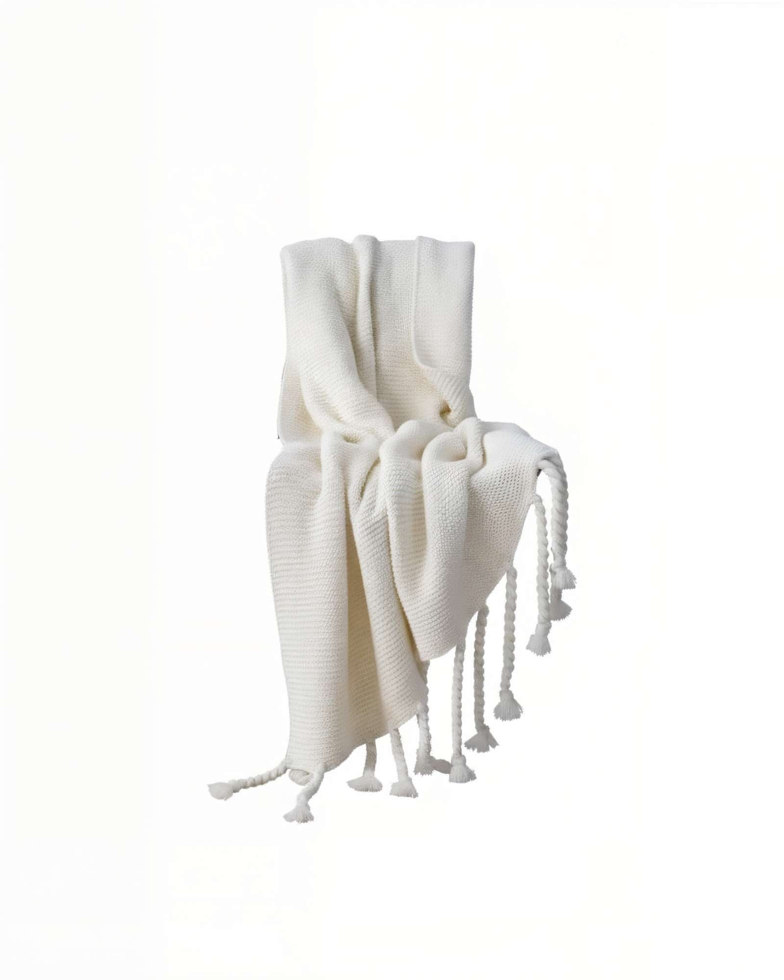 MANTA CHENILLE CON FLECOS DE SOGA TRENZADOS COLOR BLANCO - 1