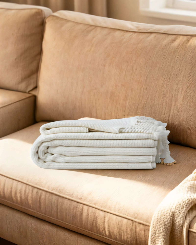 MANTA CHENILLE CON FLECOS DE SOGA TRENZADOS COLOR BLANCO - 4
