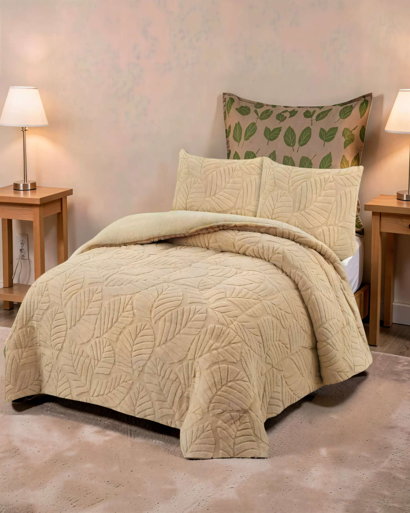 CUBRECAMA CON RELIEVE EN FORMA DE HOJAS 2 PLAZAS COLOR BEIGE - 4